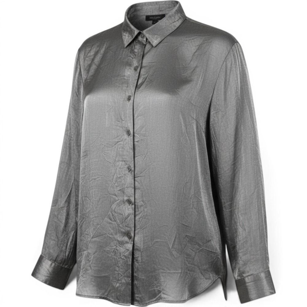 Sag Harbor Button Down Blouse Woman‎ 24W Silver Excellent Metallic Crinkle Shirt